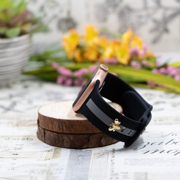 Apple Watch Band, Black and Gray Stripes Silicone Strap w/ Bee Stud 38/40mm - Picture 4 of 6